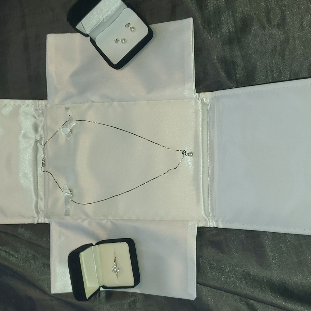 Cultured Pearl and White Sapphire Necklace, Earring, and Ring Set